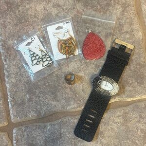 Black Watch with Silver Accents and Assorted Earrings - misc jewelry items